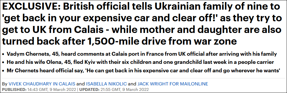 乌克兰九口之家逃离基辅后，英国边境官员拒绝接收：滚！