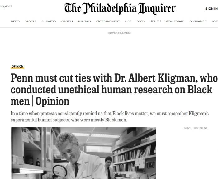 评论：宾州需与对非裔实施不道德人体实验的克利格曼博士“割席”。图片来源：《费城问询报》报道截图