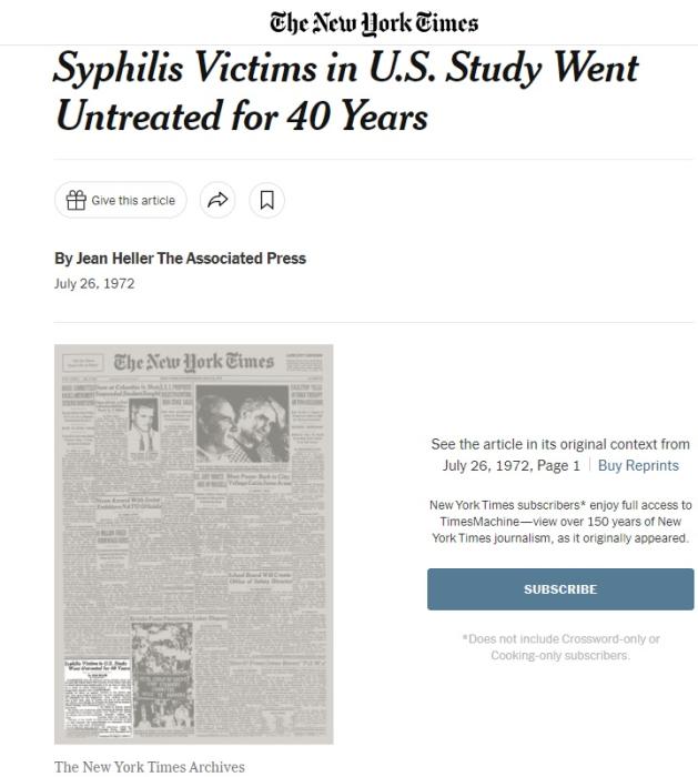 1972年美国《纽约时报》对塔斯基吉梅毒实验揭露性报道的版面。图片来源：《纽约时报》网站截图
